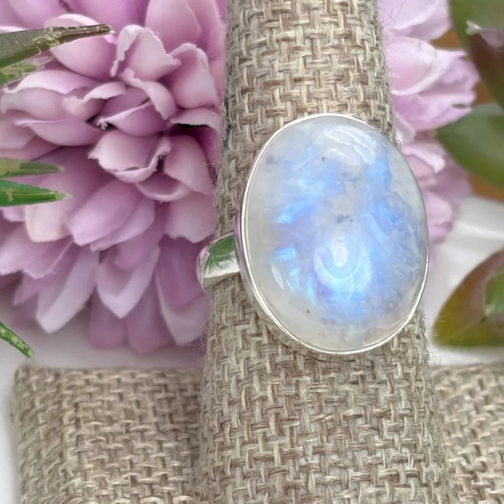 Rainbow Moonstone Gemstone Ring Size 8 1/2 8.5 Pure Sterling Silver 925 Boho New
